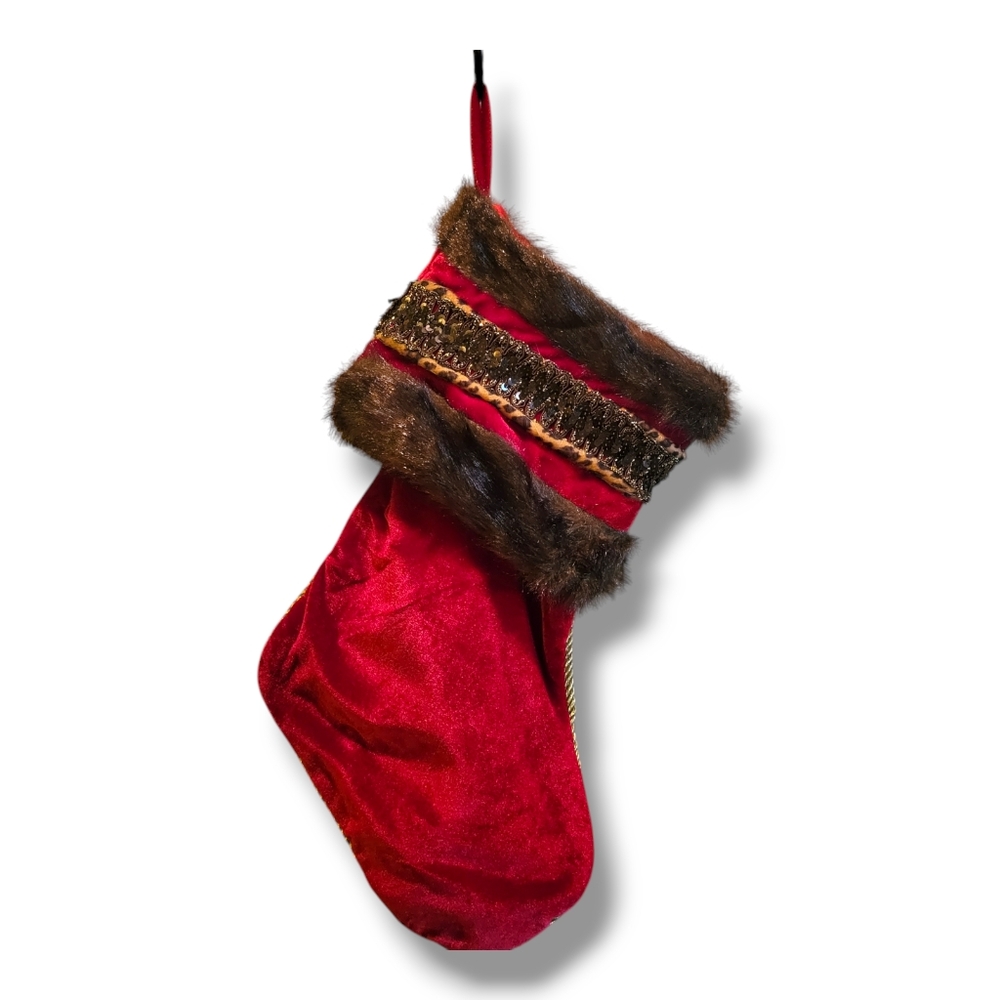 Gorgeous Red Velvet Christmas  Stocking Sequins Animal Print‎ Faux Fur Gold Trim